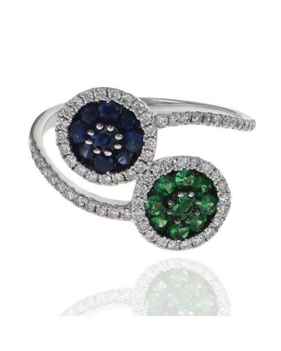 Synthetic Sapphire, Tsavorite and Diamond Halo Bypass Ring